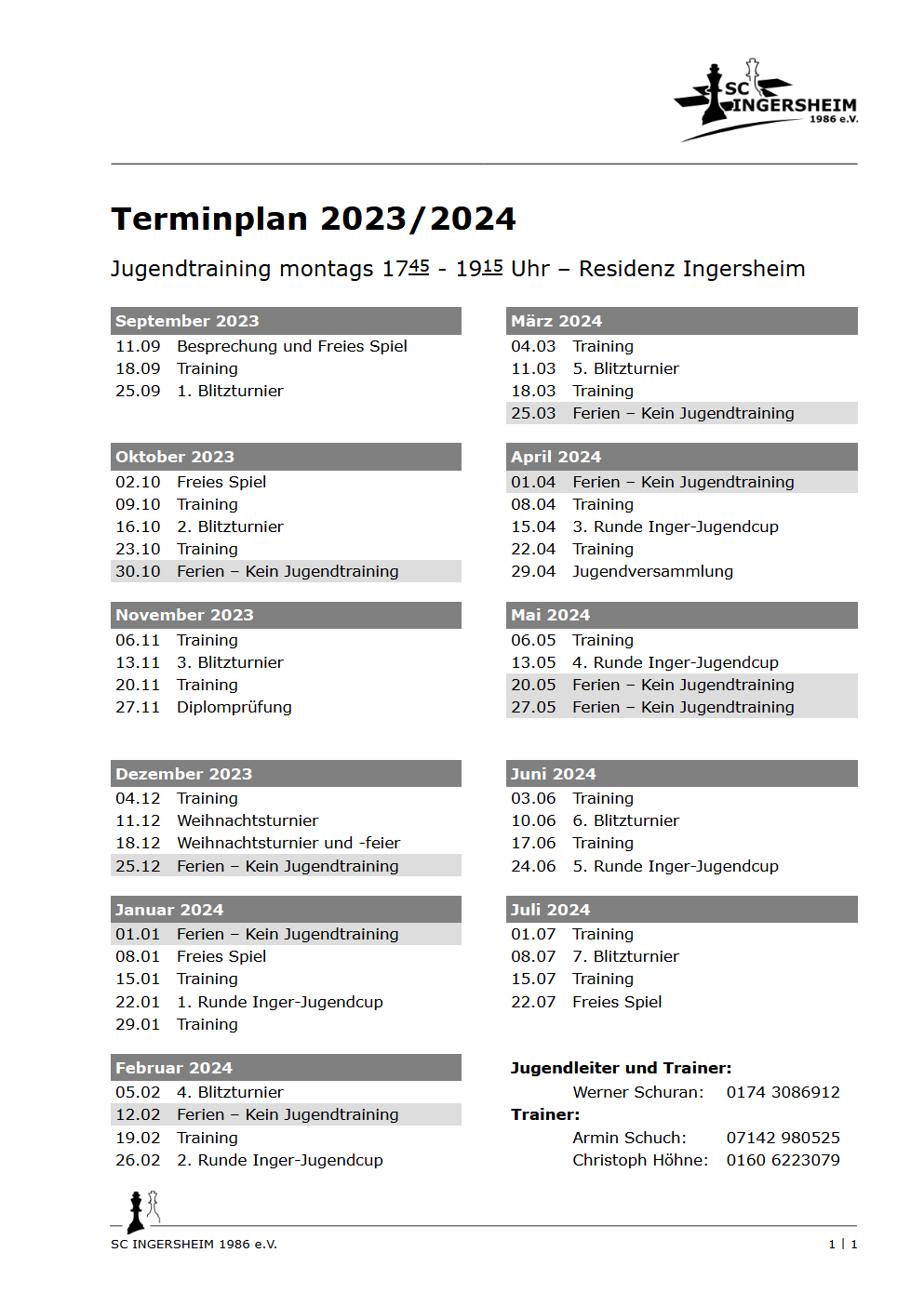 Terminplan Jugend 2023/24