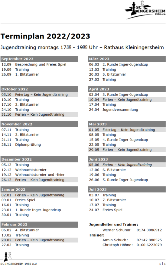 Terminplan Jugend 2022/23