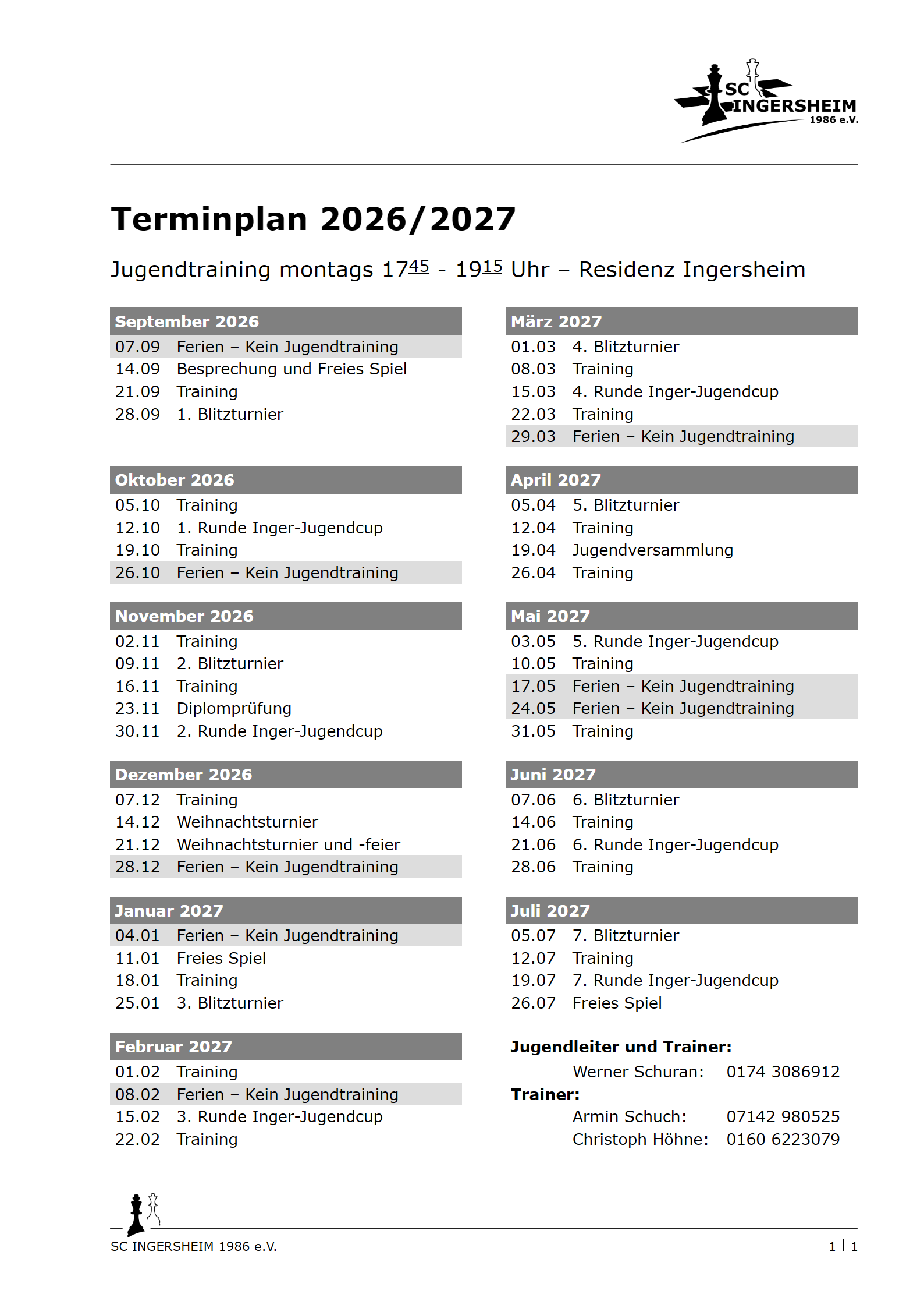 Terminplan Jugend 2026/27